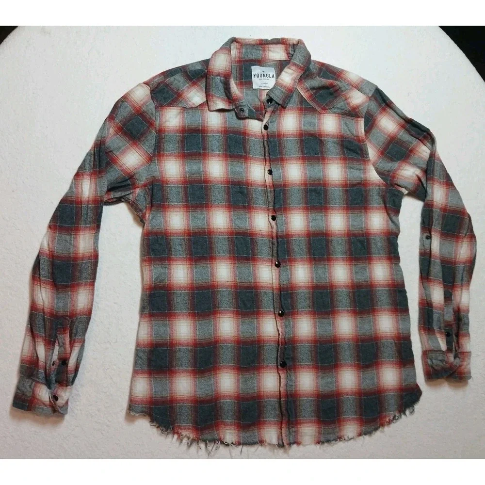 Young LA Men's XL Flannel Shirt Red Grey Plaid Distressed Raw Hem Snap Button